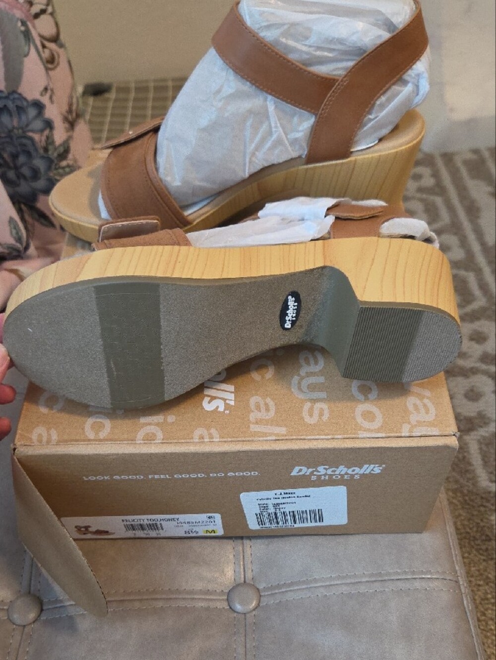 Dr. Scholl's Tan Buckle Wood-Look Wedge Sandals "Felicity Too" - Picture 2 of 3